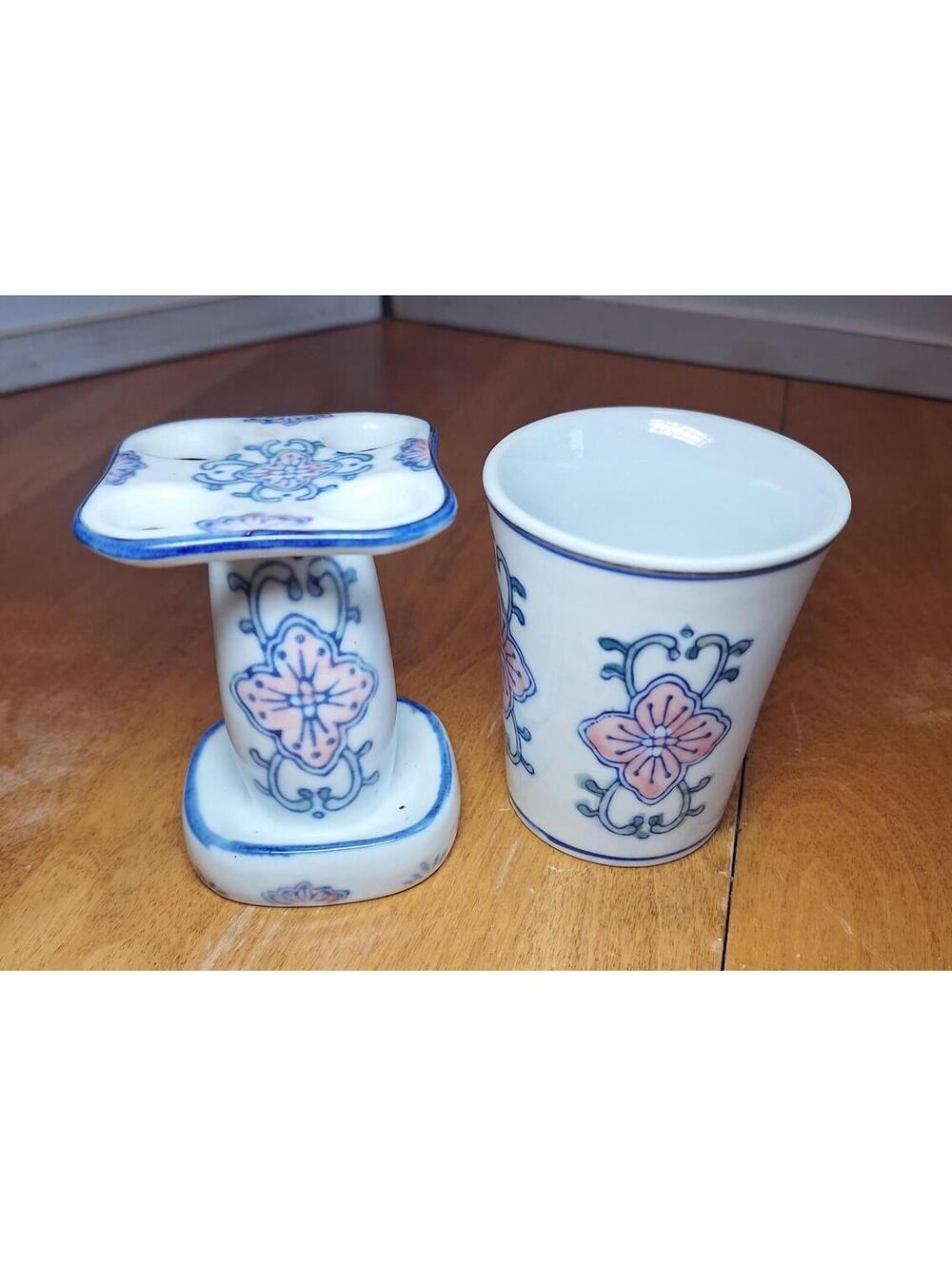 Vintage Ceramic Toothbrush Holder w/Matching Rinse Cup Floral Pattern 3.25"H